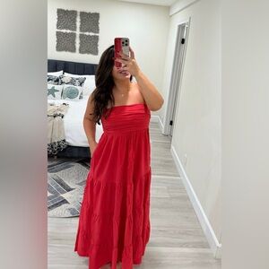 Abercrombie & Fitch Red Ruched Maxi Sundress Strapless Sz M Tall viscose